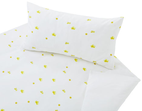 Bio-Bettwäsche Garnitur mit gelbem Blumenmuster auf Weiß